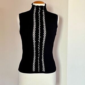 KNITTED SLEEVELESS TOP BLACK OPEN CROCHET KNIT DETAIL MOCK NECK STRETCH SMALL